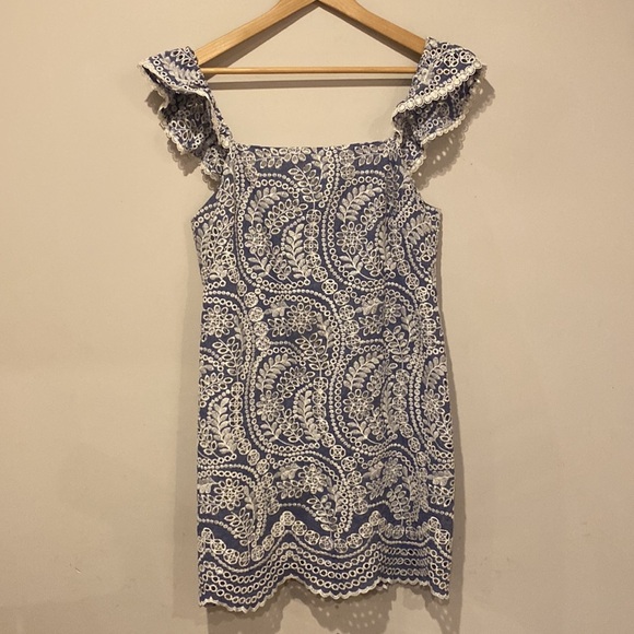 Alice+Olivia White Blue Flutter Sleeve Tunic Dress Chambray Summer Mini Dress - Picture 4 of 6